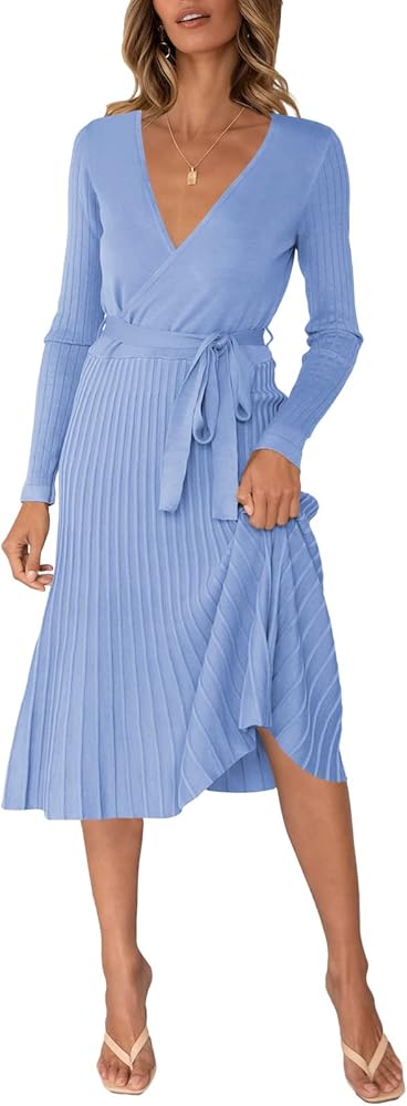 Pink Queen Women's Wrap Sweater Dress V Neck Long Sleeve Ribbed Swing Knit Midi Dresses with Belt