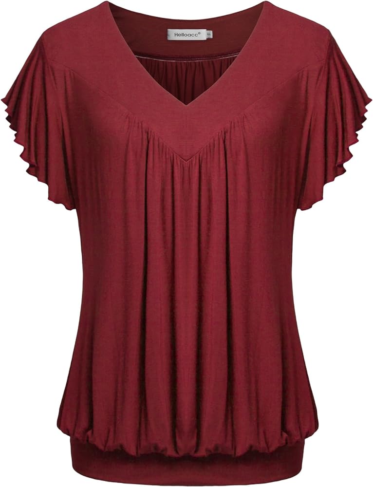 Womens V Neck Short Ruffled Cap Sleeves Banded Hem Bottom T Shirts Loose Tops with Shirred