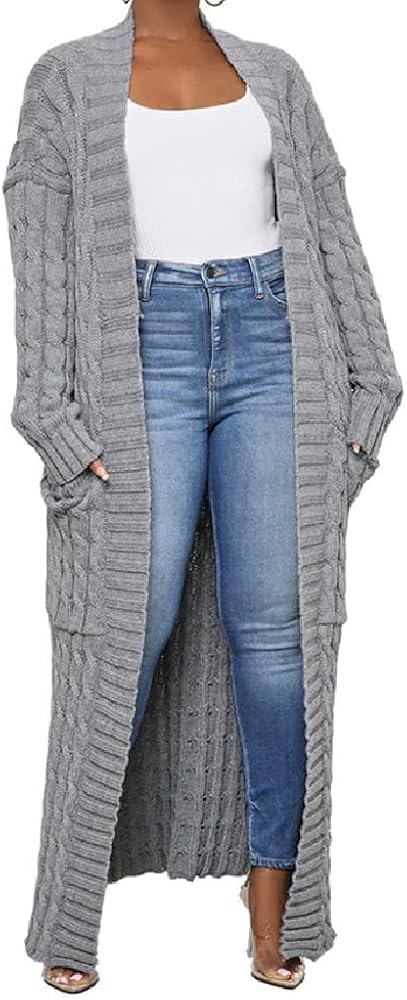 A ADILACA Women's Thin Type Stylish Cable Knit Cardigan with 2-Pockets, Women's Extra Long Ankle Length Sweater