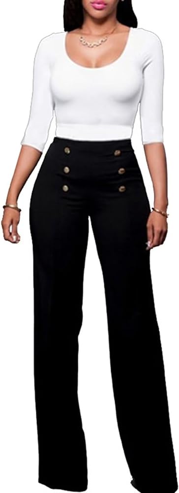 Women's Stretchy High Waisted Wide Leg Button-Down Pants Sailor Bell Flare Pants