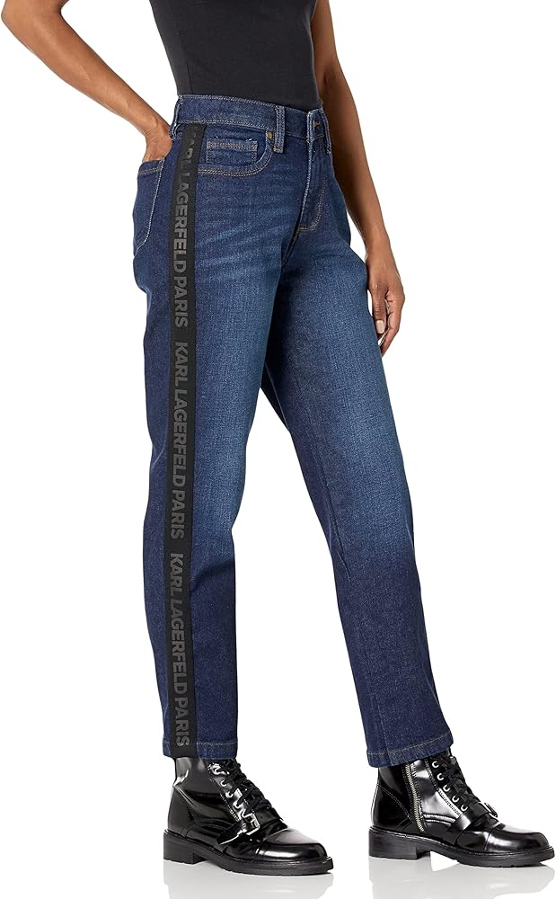 KARL LAGERFELD Women's Straight Leg Logo Taping Mid Rise Jean