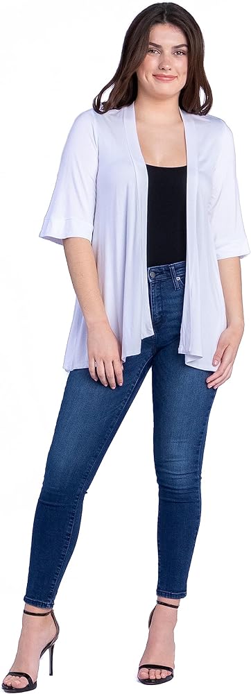 24seven Comfort Apparel Open Front Cardigans for Women Lightweight Elbow Length Sleeve Shrug Casual Cover Up Solid Color