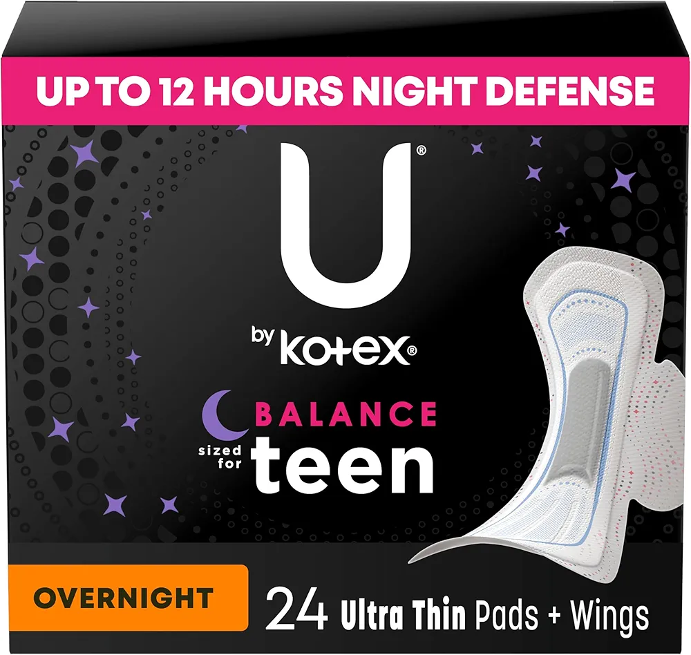 U by Kotex Balance Sized for Teens Ultra Thin Overnight Pads with Wings, 24 Count (Packaging May Vary)