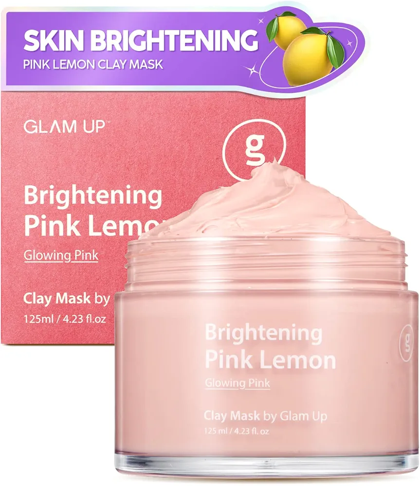 GLAM UP Brightening Pink Lemon Clay Mask - Vitamin C, Bentonite and Kaolin Clay Face Mask for Dark Spots- Deep Cleansing Pink Clay Mask for Face and Body - Vegan, Cruelty Free (125ml/4.23 Oz)