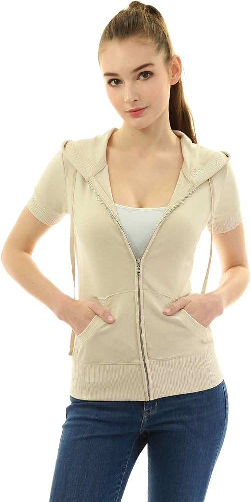 AmélieBoutik Women Cotton Blend Hoodie Zip Up Kangaroo Pocket Short Sleeve Jacket