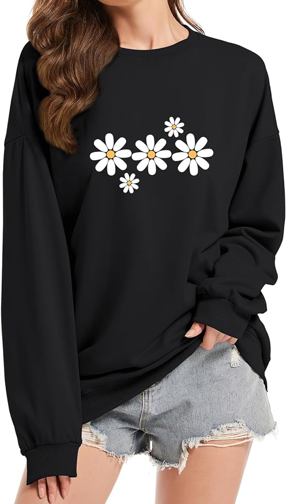 Daisy Flower Graphic Sweatshirt for Women Casual Loose Crewneck Lightweight Floral Print Sweatshirts Pullover Tops