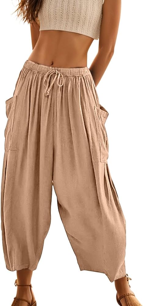 Women's Flowy Linen Pants Casual Wide Leg with Drawstring Pockets Summer Trousers Hippie Pants