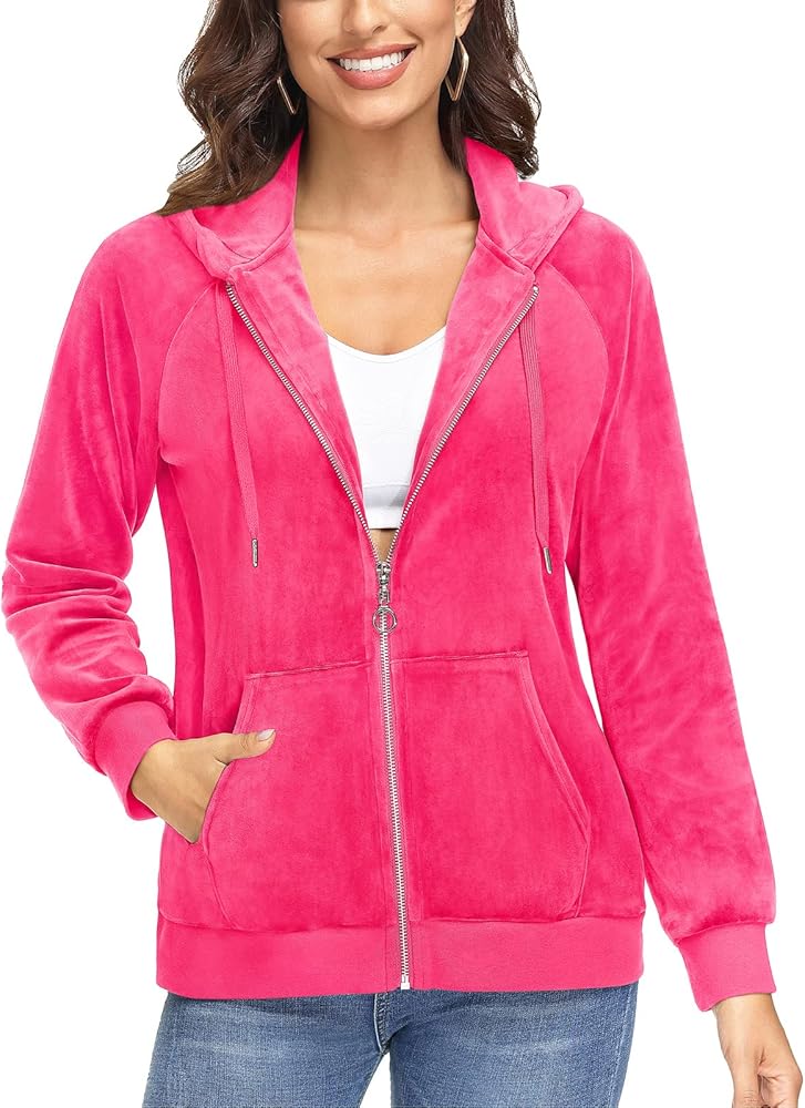 TACVASEN Women's Velour Jacket with Hood Long Sleeve Soft Fleece Hooded Full Zip