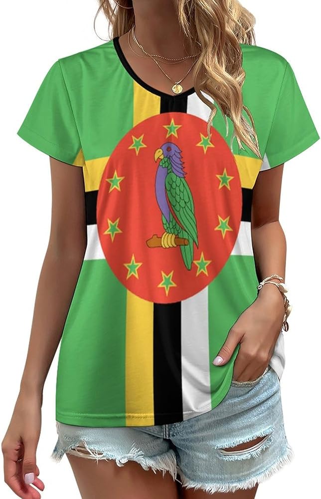 Dominican Flag Casual V Neck T Shirts for Women Summer Tops Trendy Short Sleeve Tee Blouse