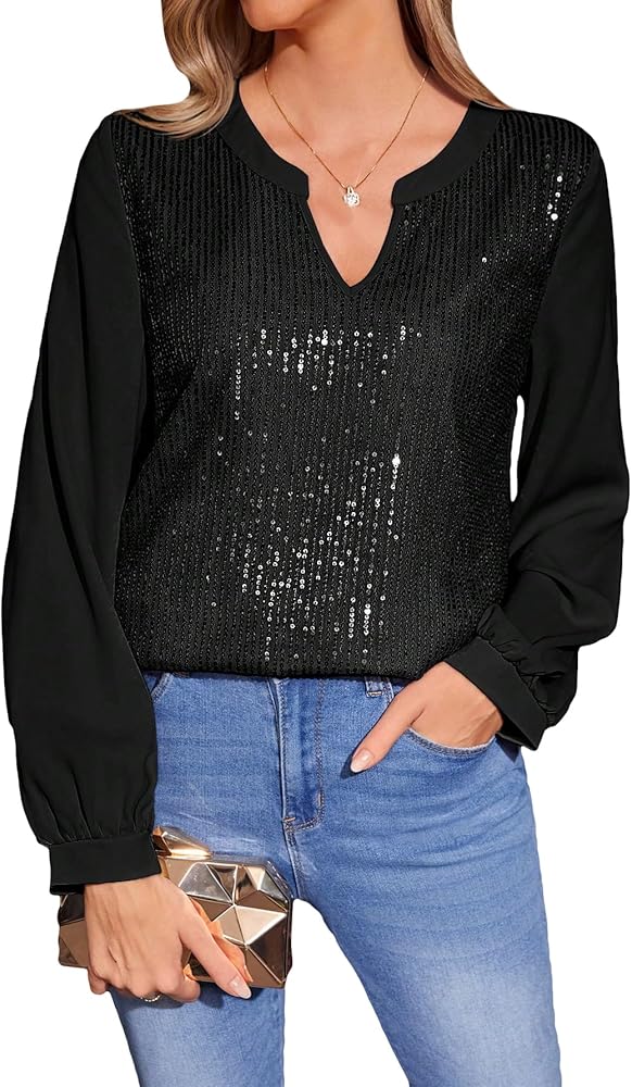 SOLY HUX Women's Contrast Sequin Long Sleeve Tee Tops Notched Neck Casual Blouse Shirts