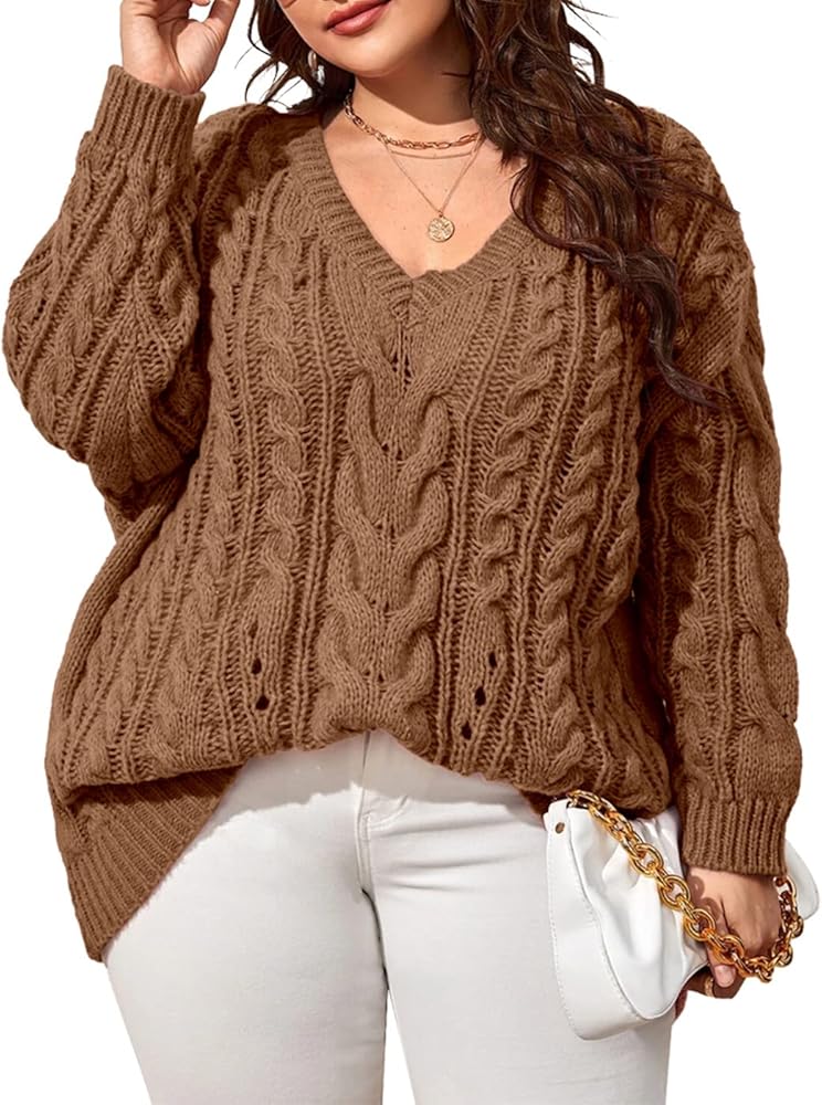 Dyexces Plus Size Sweaters for Women V Neck Long Sleeve Cable Knit Sweaters Casual Fall Sweaters Soft Jumper Tops