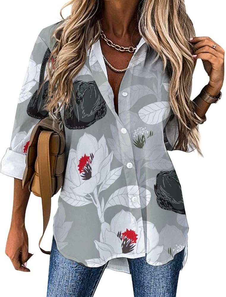 Swan Water Lily Classic Shirts for Women Long Sleeve Blouse Casual V Neck Tee Tops Work Office