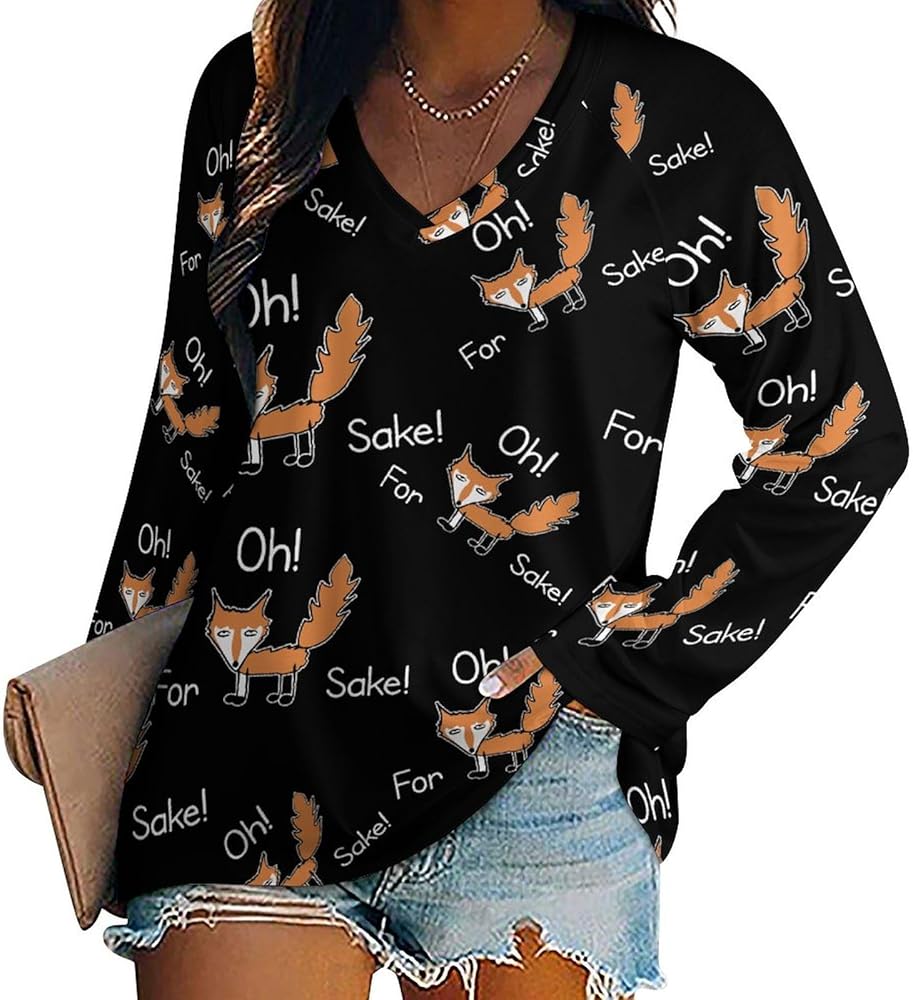 Funny Quote for Fox Sake Loose Womens Shirts Long Sleeve Tees Tops Casual V-Neck Graphic Blouses