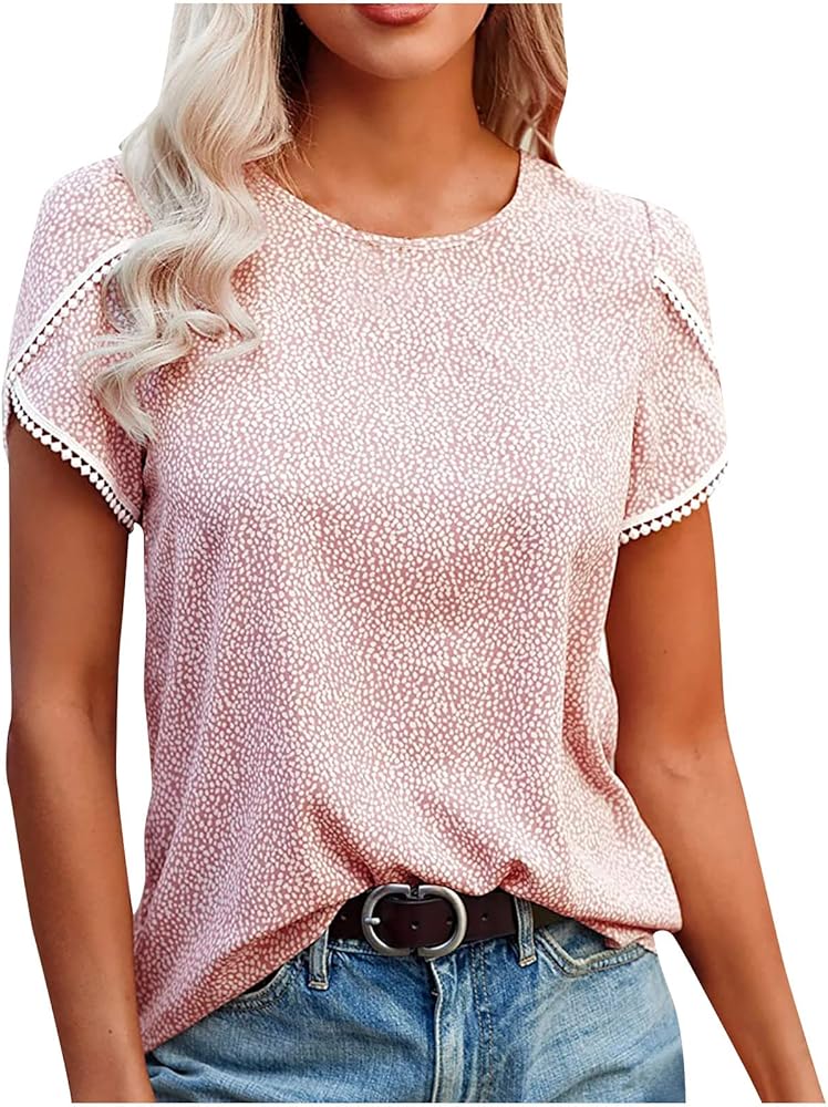 Women's Shirts Dressy Casual Short Sleeve Lace Trim Tee Tops Polka Dots Printed Crew Neck Pullover T Shirts Blouse