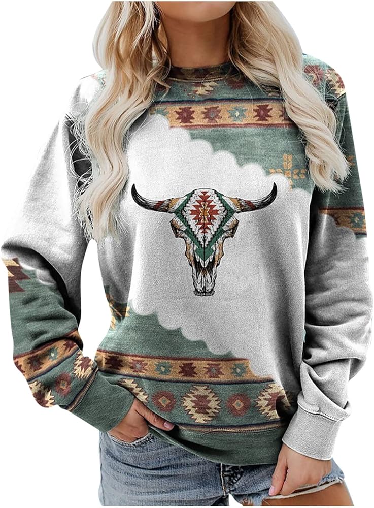 Tops for Womens T Shirt Western Aztec Ethnic Print Blouse Long Sleeve Crewneck Loose Fit Shirts Tunic Tee