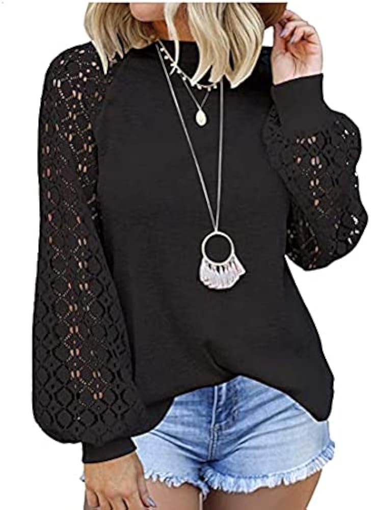 Women's Casual Long-Sleeved Lace Stitching Loose T-Shirt Arm Hollowed out Design Hoodie Fashion Women's Top