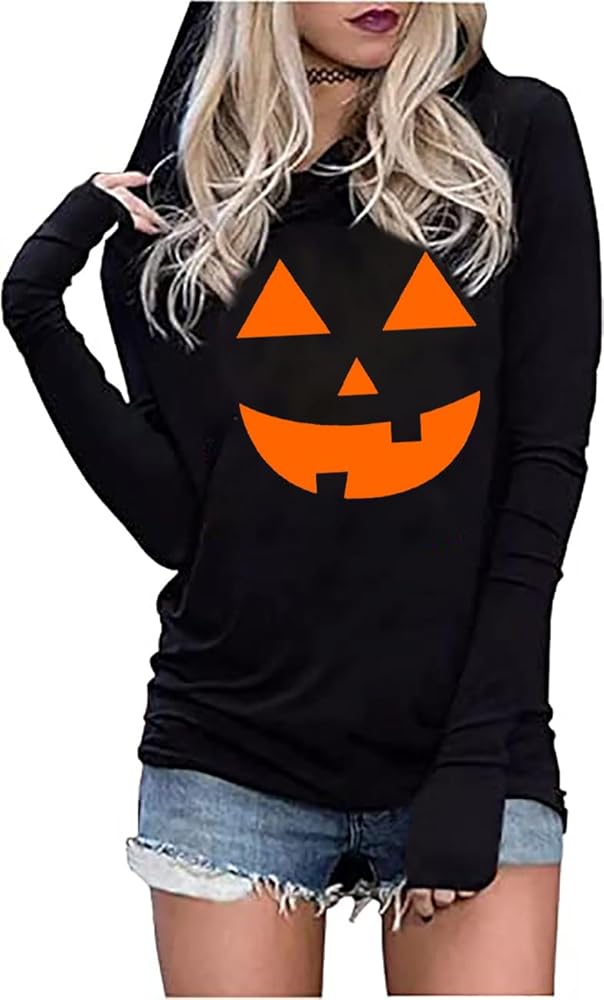 Funny Pumpkin Face Hoodie Women Halloween Vintage Graphic Long Sleeve Shirt Holiday Party Pullover Fall Casual Tops