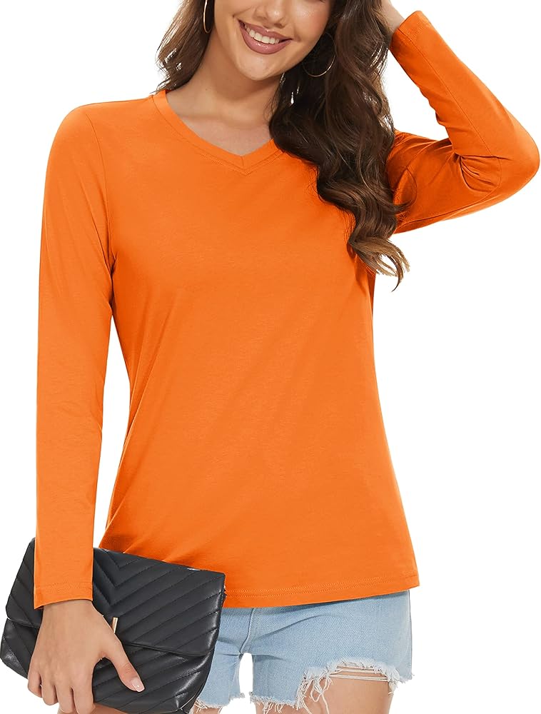 MAGCOMSEN Women's Long Sleeve V Neck T Shirts Cotton Basic Tee Shirts Soft Solid Cassic Breathable Casual Summer Tops