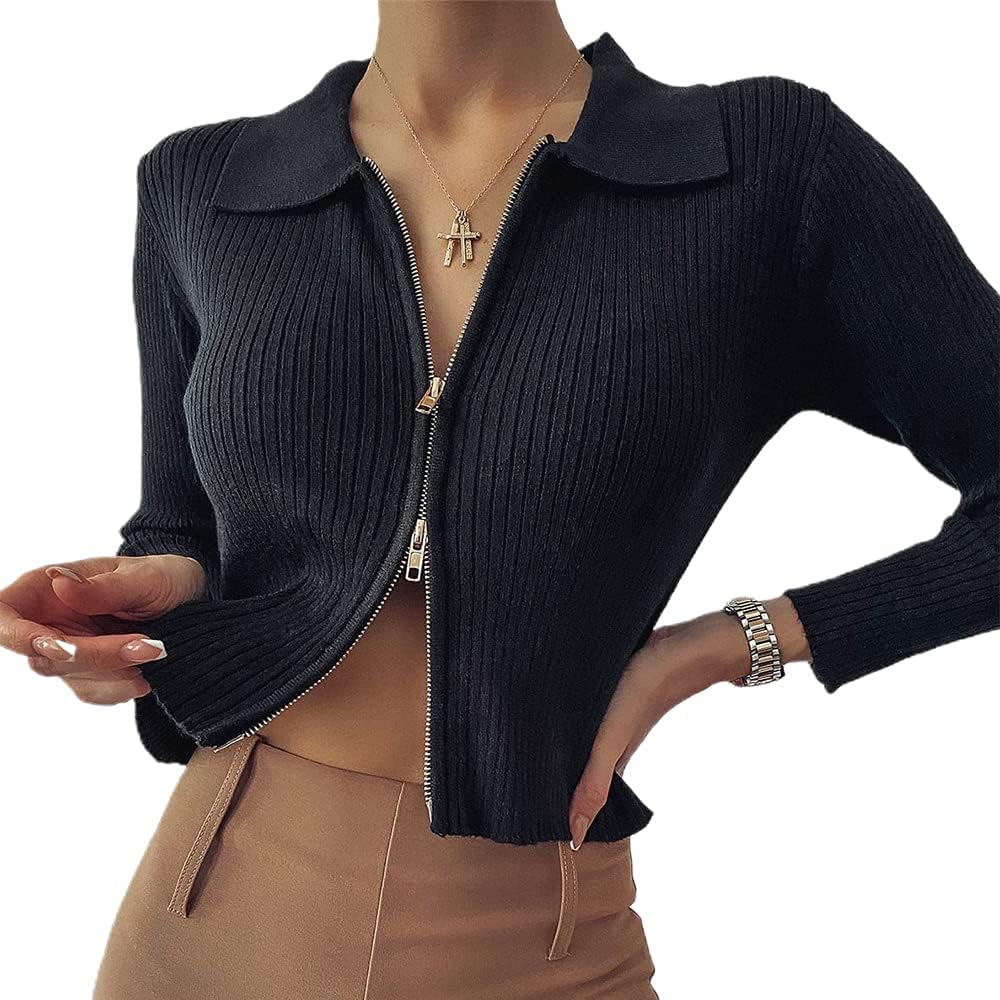 ZAFUL Women's V Neck Ribbed Button Up Cardigan Solid Knitwear Long Sleeve Surplice Crop Tops Sweaters