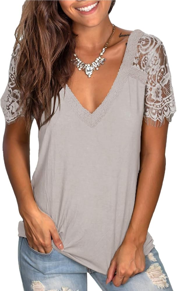 WMZCYXY Womens Lace Short Sleeve Tops V Neck Summer T Shirt Dressy Casual Blouses