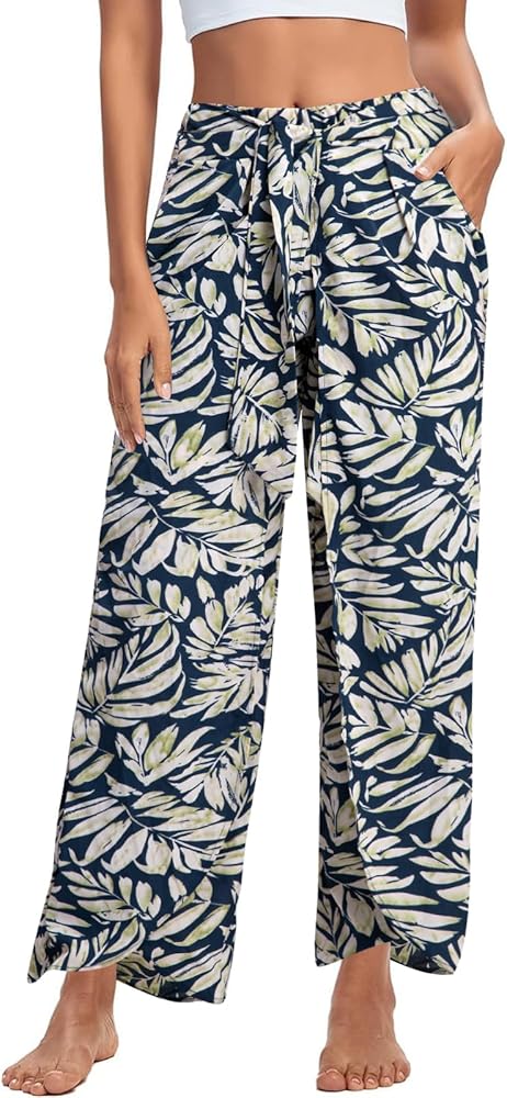 MNLYBABY Wide Leg Pants for Women's Work Business Slit Boho Printed Pants Casual Loose Flowy Tie Front Trousers