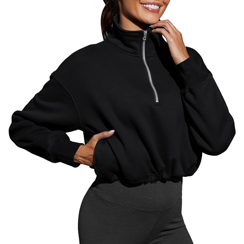 LUYAA Womens Quarter Zip Pullover Sweatshirt Cropped Fleece Lined Long Sleeve Casual Tops with Pocket