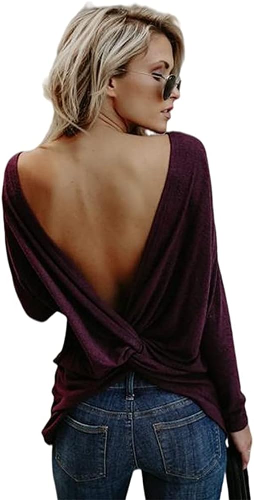 Womens Sexy Backless Long Sleeve Shirts Causal Open Back Knotted Pullover Tops