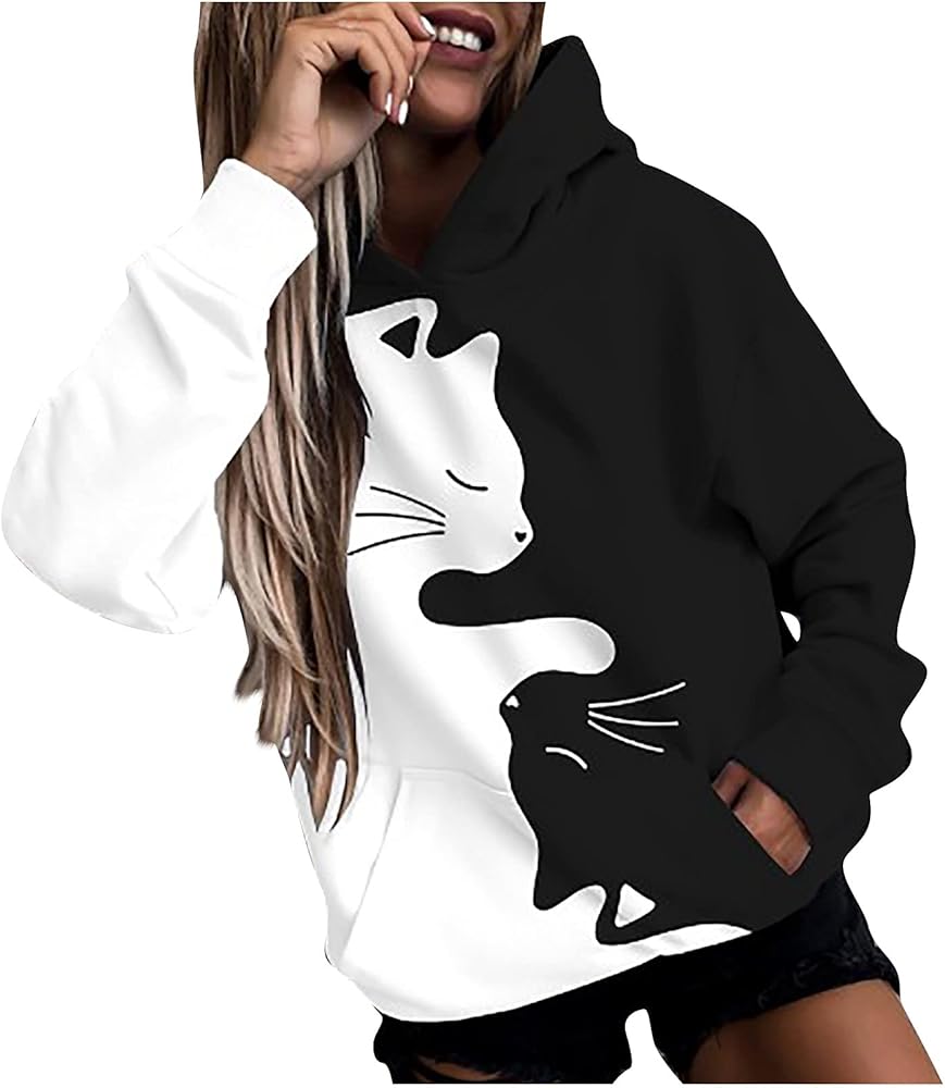 Women's 3D Cat Print Hoodie Casual Long Sleeve Hooded Pullover Sweatshirt Ladies Loose Fit Hooded Top with Pockets