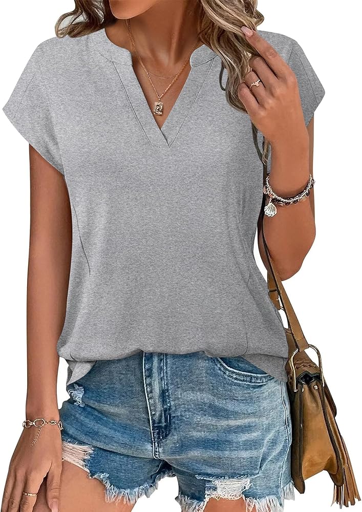 Unixseque Women's Casual Tops Business Work Blouses Cotton Cap Sleeve V Neck Tshirt