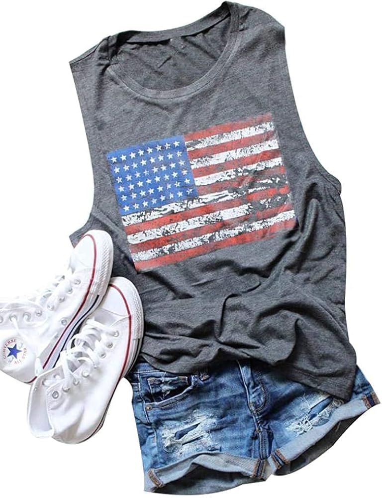 HRIUYI Womens 4th of July Tank Tops USA Flag Stars Stripes Loose Sleeveless Patriotic T Shirt