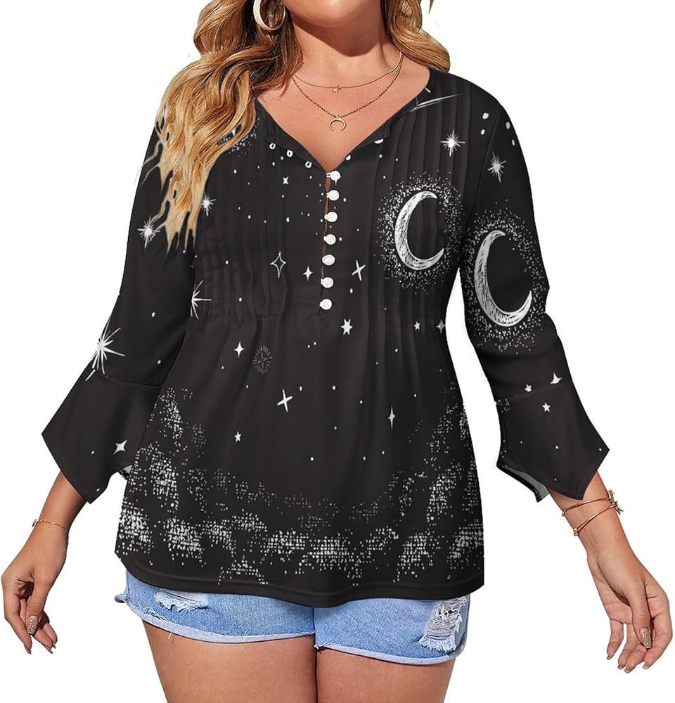 View to The Sky in Nighttime Cute Womens T-Shirts 3/4 Sleeve Button Down Tee Tops Blouse Summer Beach