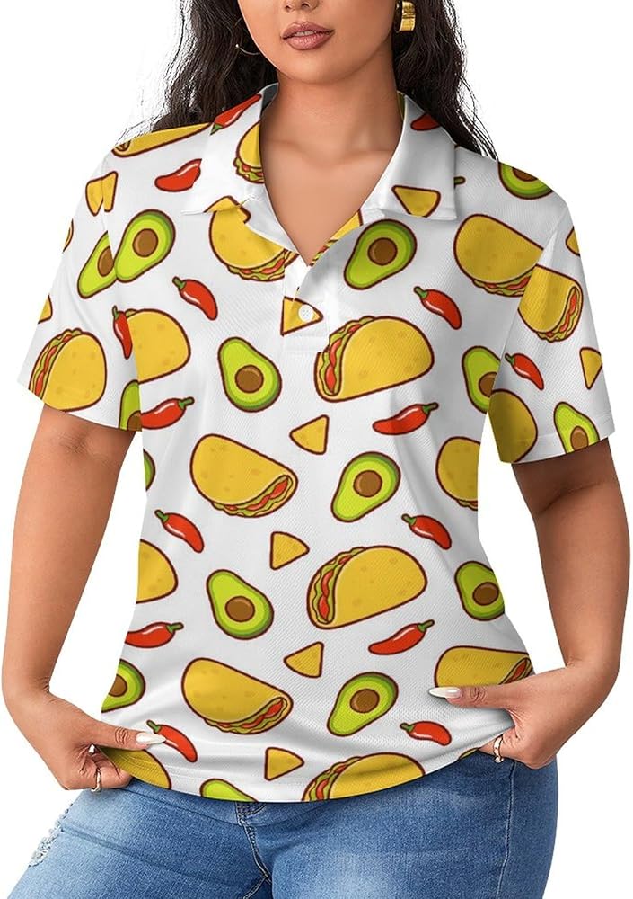 Mexican Food Taco Avocado Casual Polo Shirts for Women V Neck Blouses Tops Quick Dry Athletic Tees Work