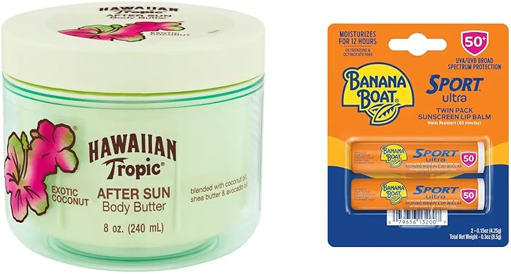 Hawaiian Tropic After Sun Body Butter with Coconut Oil, 8oz & Banana Boat Sport Ultra SPF 50 Lip Sunscreen Twin Pack | After Sun Lotion & Lip Balm Bundle