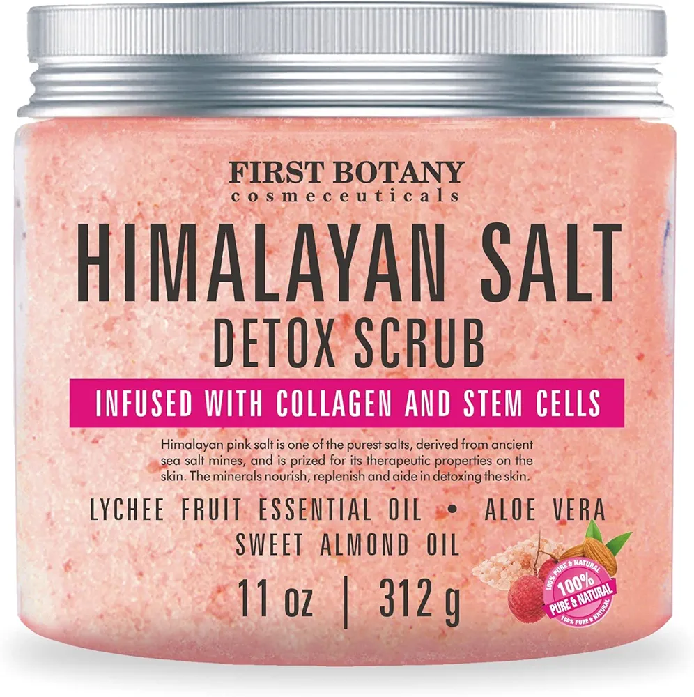 First Botany, Himalayan Salt Body Scrub with Collagen & Stem Cells, Natural Exfoliating Salt Scrub Body & Face Souffle helps with Moisturizing Skin, Acne, Cellulite, Dead Skin Scars, Wrinkles, 11 oz