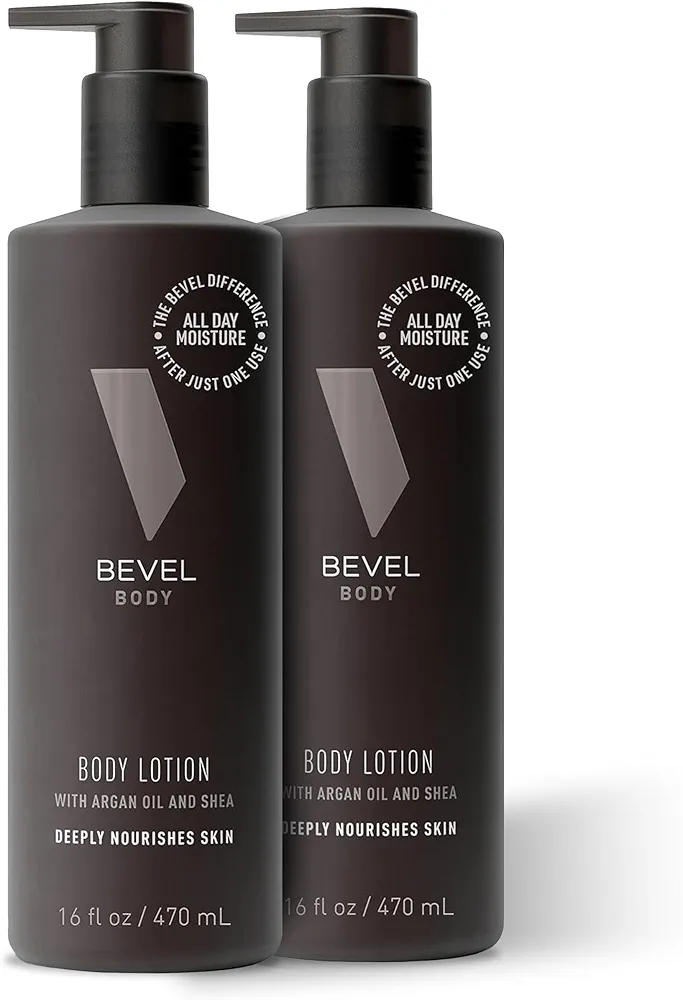 Bevel All Day Body Lotion for Men with Shea Butter and Argan Oil, Lightweight Formula Softens and Smoothes Skin, 16 Oz (Pack of 2)