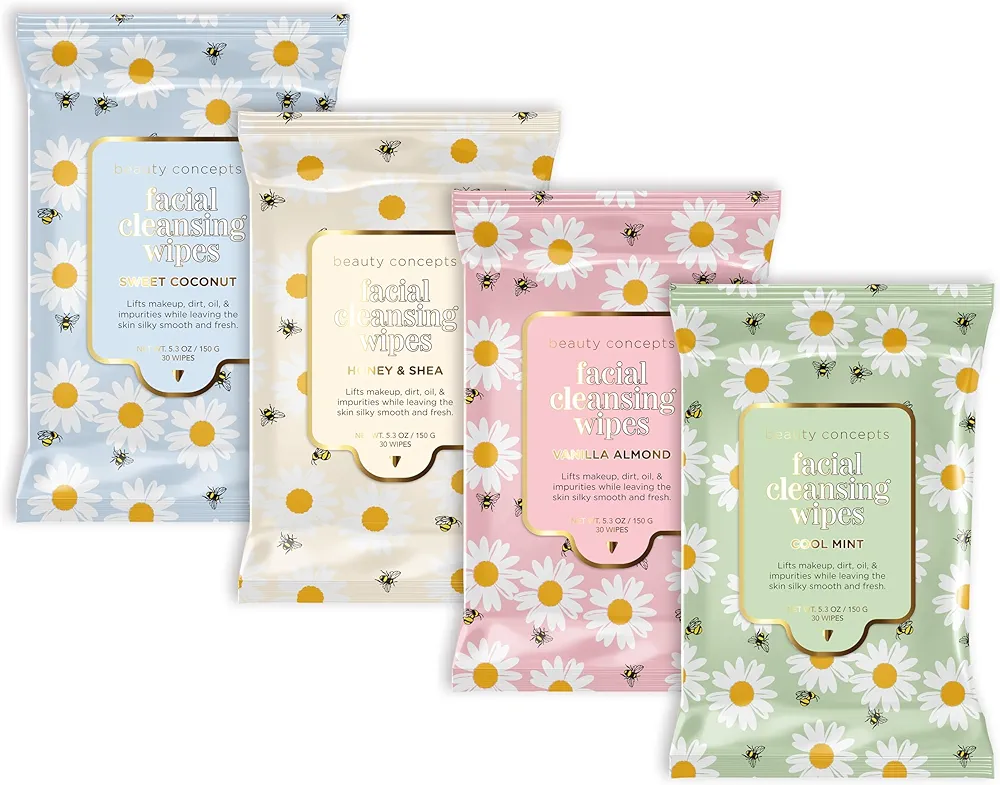 Beauty Concepts: Luxe 4-Pack - 30 Count Makeup Cleansing Wipes Infused with Sweet Coconut, Honey & Shea, Vanilla Almond, & Cool Mint