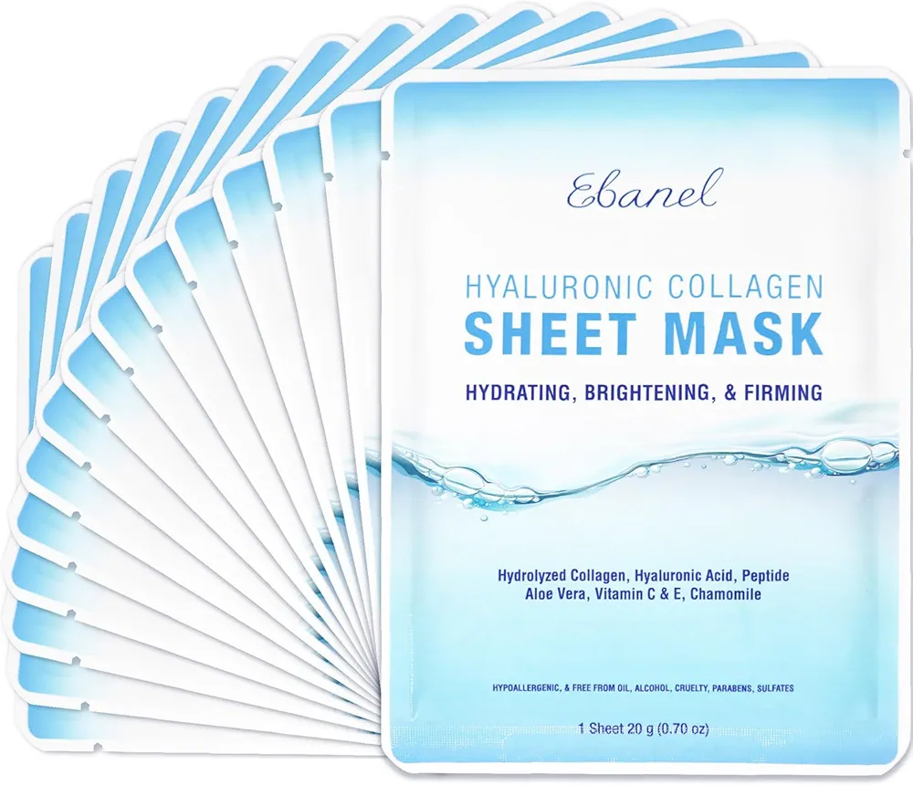 Ebanel 15 Pack Collagen Peptide Hydrating Face Masks, Instant Brightening Firming Anti Aging Face Sheet Masks, Moisturizing Spa Face Masks Skincare with Hyaluronic Acid, Vitamin C, Chamomile, Aloe