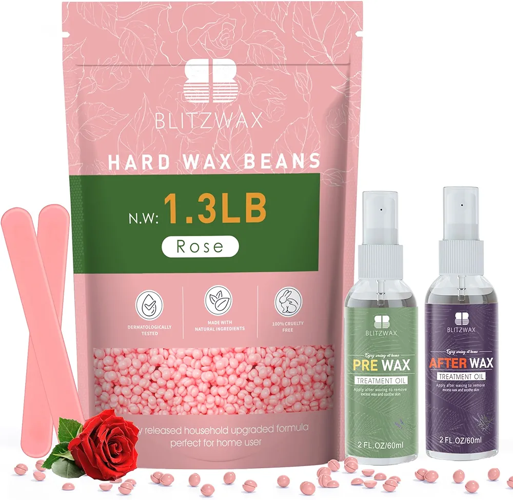 BLITZWAX Rose Wax Beads for Hair Removal 1.3lb Hard Wax Beans for Sensitive Skin, with 2 Silicone Sticks and 2 Pre&Post Waxing Oils for Bikini, Face and Brazilian, Suitable for Women Men at Home Salon