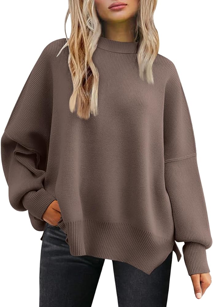 LILLUSORY Women's Crewneck Batwing Long Sleeve Sweaters 2024 Fall Oversized Ribbed Knit Side Slit Pullover Tops