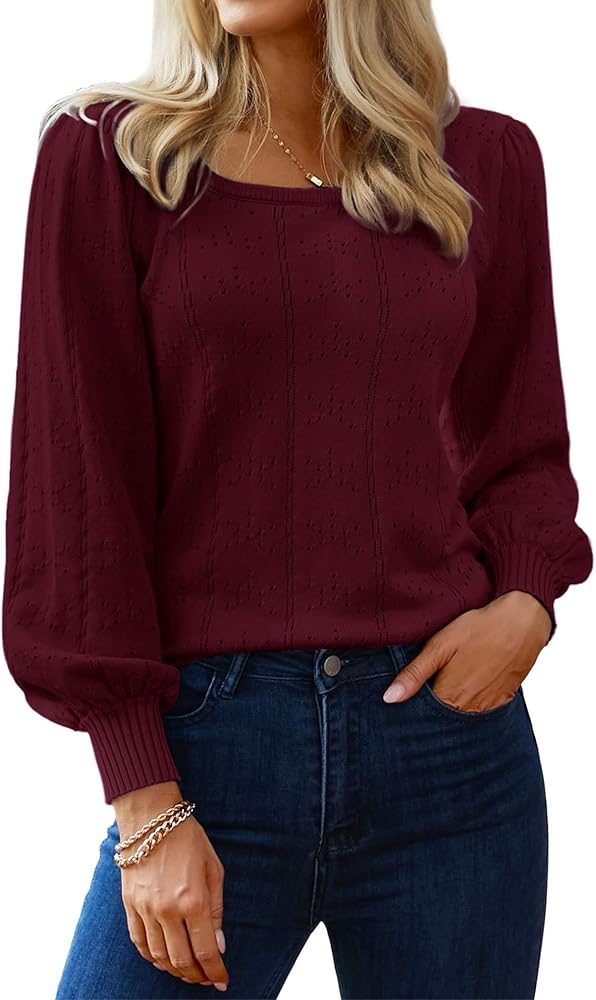 HOTOUCH Womens Sweaters Fall 2024 Trendy Puff Sleeve Tops Casual Knit Square Neck Cute Tunic Pullover Blouses Shirts