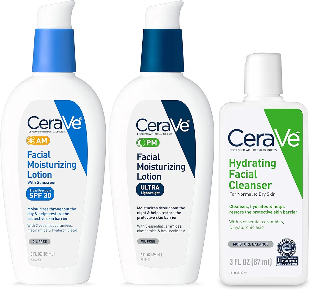 CeraVe AM Face Moisturizer with SPF, PM Face Moisturizer & Hydrating Face Wash Skin Care Routine for Morning & Night | Travel Size Toiletries | 3oz Lotion + 3oz Lotion + 3oz Cleanser