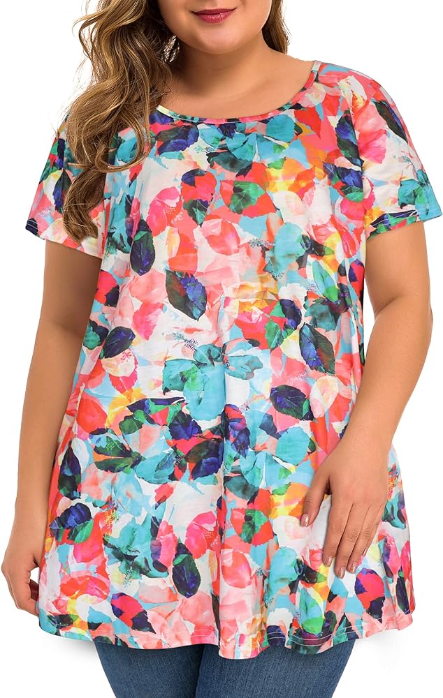 JOELLYUS Plus Size Tops for Women Tunic Floral Casual Short Sleeves T Shirts Flowy Blouses