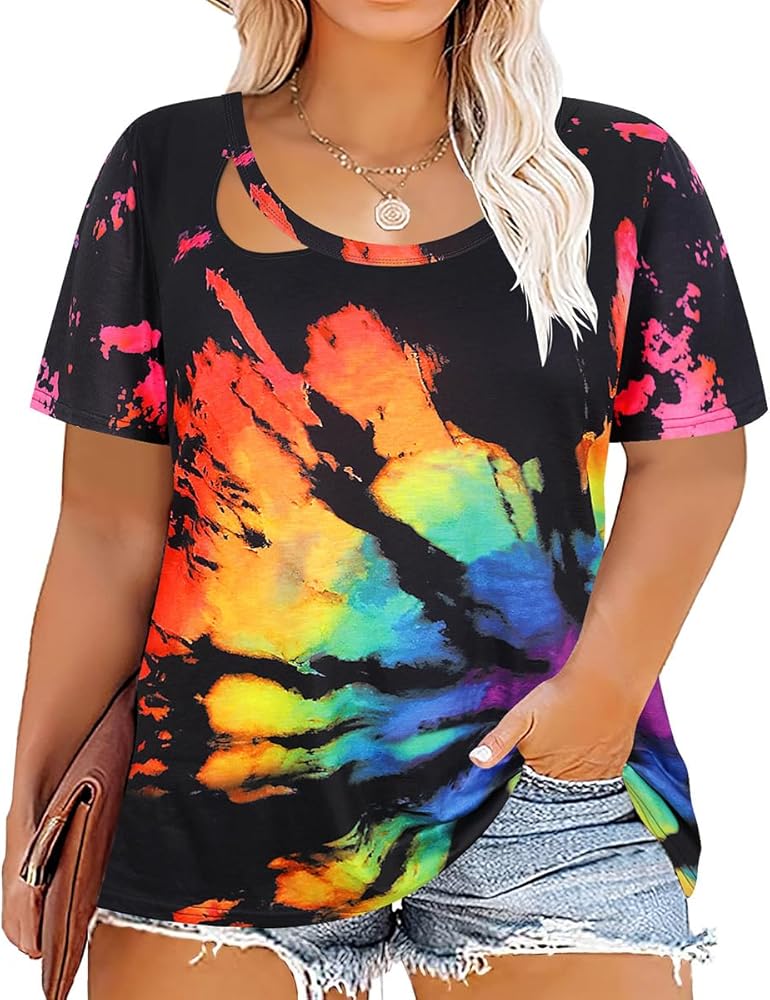 CARCOS Plus Size Tops for Women Short Sleeve Shirts Basic Tee Solid Color Blouse V Neck Tunic Loose Fit Tshirts Summer XL-5XL