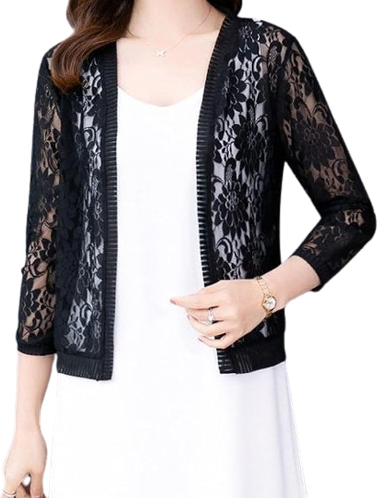 3/4 Sleeve Lace Cardigan for Women Open Front Floral Crochet Bolero Shrug Summer Beach Cover Ups Lace Top