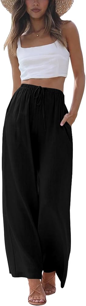 Women's Summer Cotton Linen Wide Leg Pants Drawstring Casual Flowy Palazzo Beach Trousers with Pockets