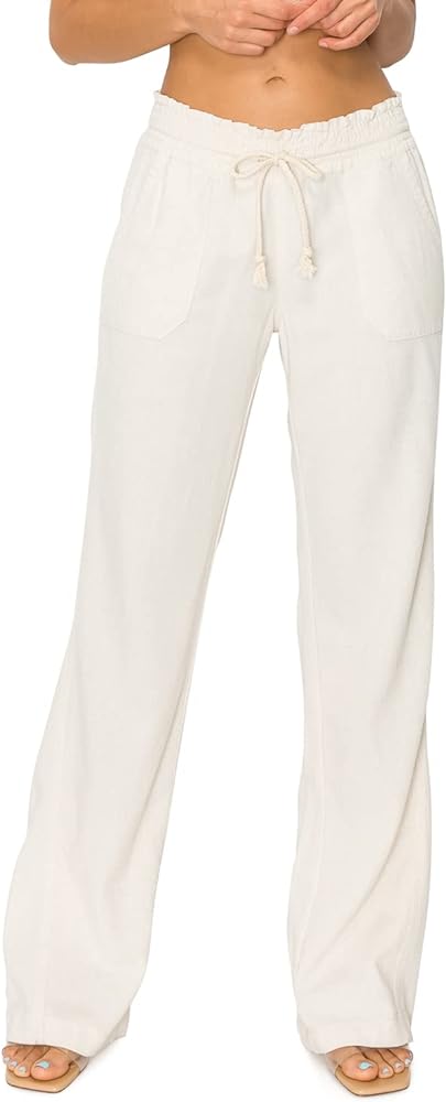 Cali1850 Women's Casual Linen Pants - 32" Inseam Oceanside Drawstring Smocked Waist Lounge Beach Trousers with Pockets