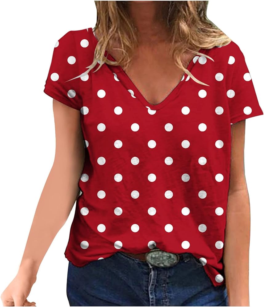 Womens Work Tops Polka Dot Short Sleeve Blouse Tops Business Casual V Neck Summer Tunic Fashion Loose Tees Tshirts