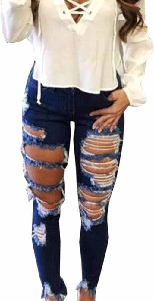 Sexyshine Women's High Waisted Skinny Destroyed Ripped Hole Denim Pants Long Stretch Pencil Jeans