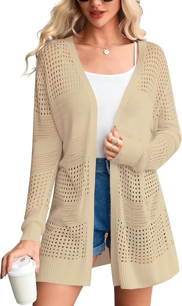 Totatuit Womens Oversized Sweaters Cardigans Long Casual Lightweight Long Sleeve Hollowed Out Crochet Knit Open Front