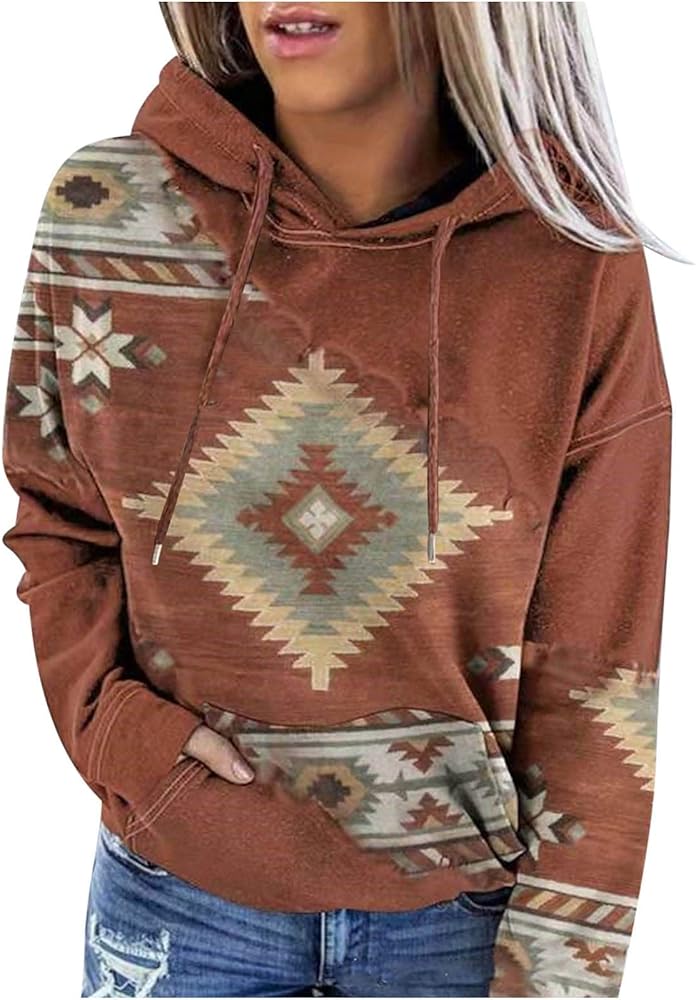 Ceboyel Women Western Aztec Hoodies Drawstring Sweatshirt Pullover Ethnic Vintage Graphic Shirts Tops Causal Fall Clothes